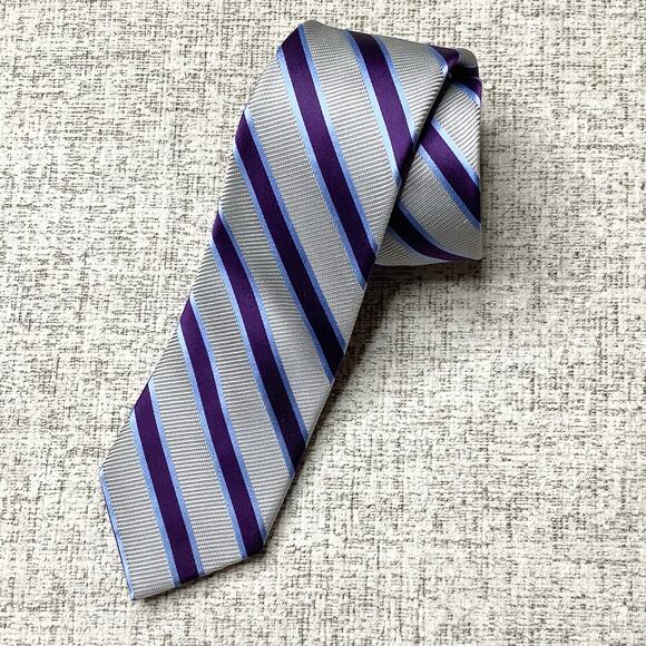 Joseph Abboud Gray Purple Blue Striped 100% Silk Tie - Picture 1 of 5